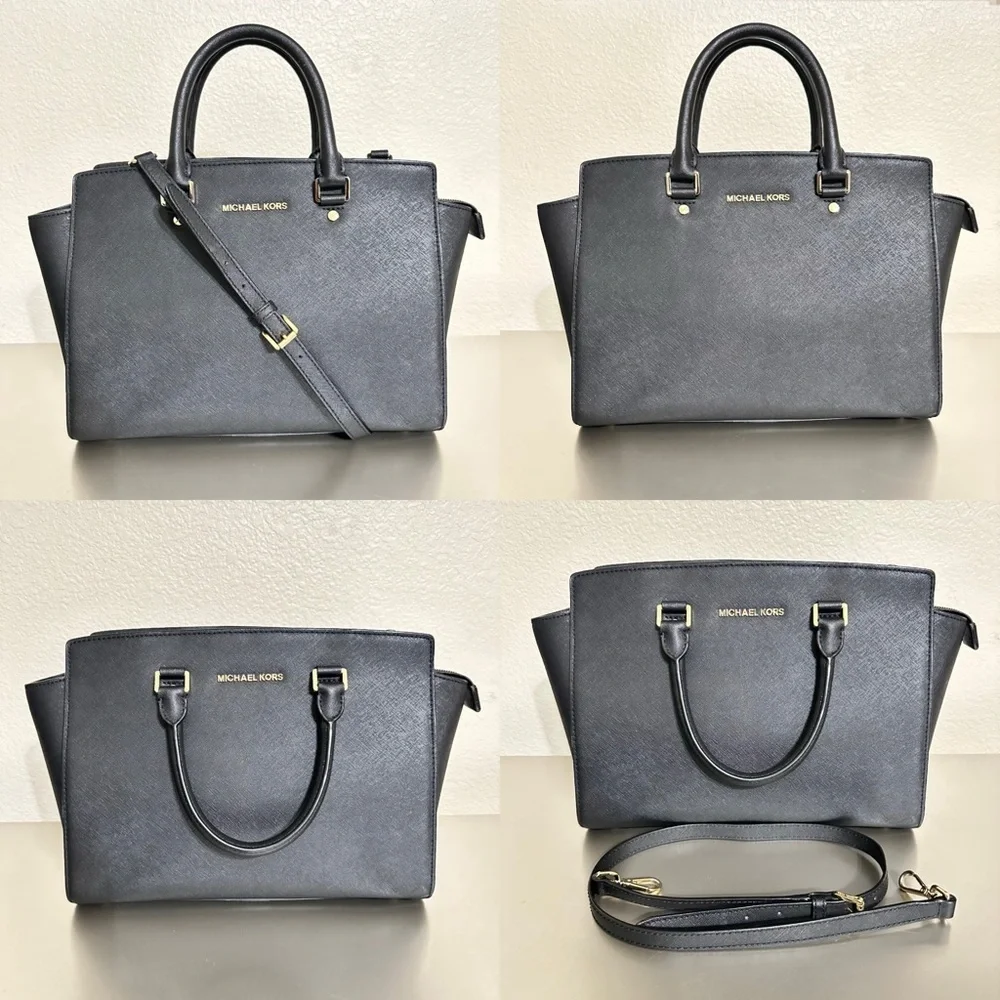 Michael Kors Selma Large Black Saffiano Leather Satchel Tote Crossbody Bag